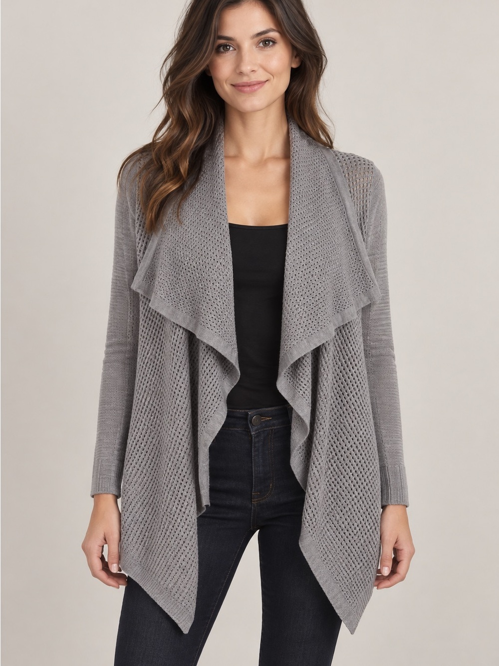 Ann Taylor Grey Open-Front Draped Cardigan Merino Wool Blend Layer